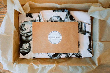 Photo of Blinky Bills Shirt and envelope in paper and cardboard packaging.