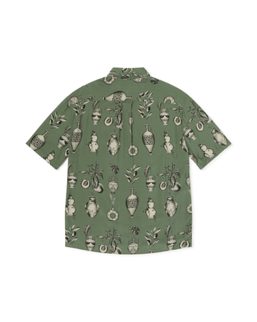 Back of Blinky Bills Shirt No. 3 on white background. Olive green short-sleeved shirt with print of tattoo designs of different vases.