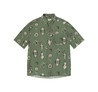 Front of Blinky Bills Shirt No. 3 on white background. Olive green short-sleeved shirt with print of tattoo designs of different vases.