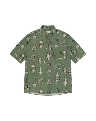 Front of Blinky Bills Shirt No. 3 on white background. Olive green short-sleeved shirt with print of tattoo designs of different vases.